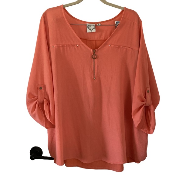 Janet Chung 3X Coral Blouse V-Neck Zipper Top Plus Size Lightweight Summer Work - Picture 1 of 9